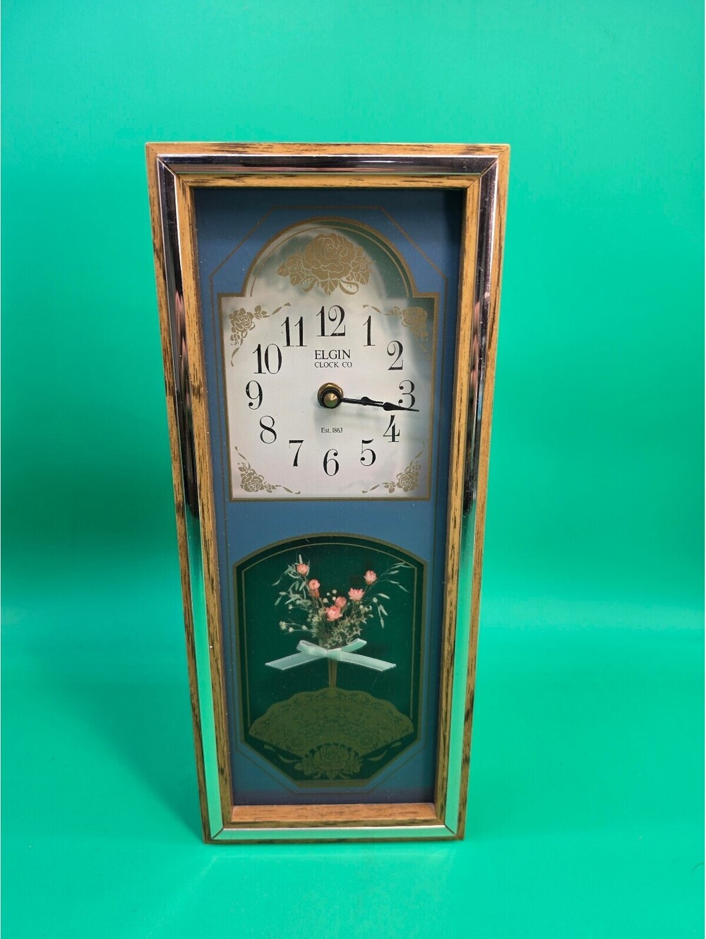 Vintage Elgin Clock Co Wall Clock Floral Shadow Box Quartz Wood